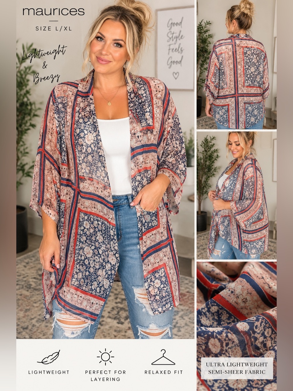 Maurices L/XL Boho Floral Kimono Cardigan Lightweight Semi Sheer Red Navy